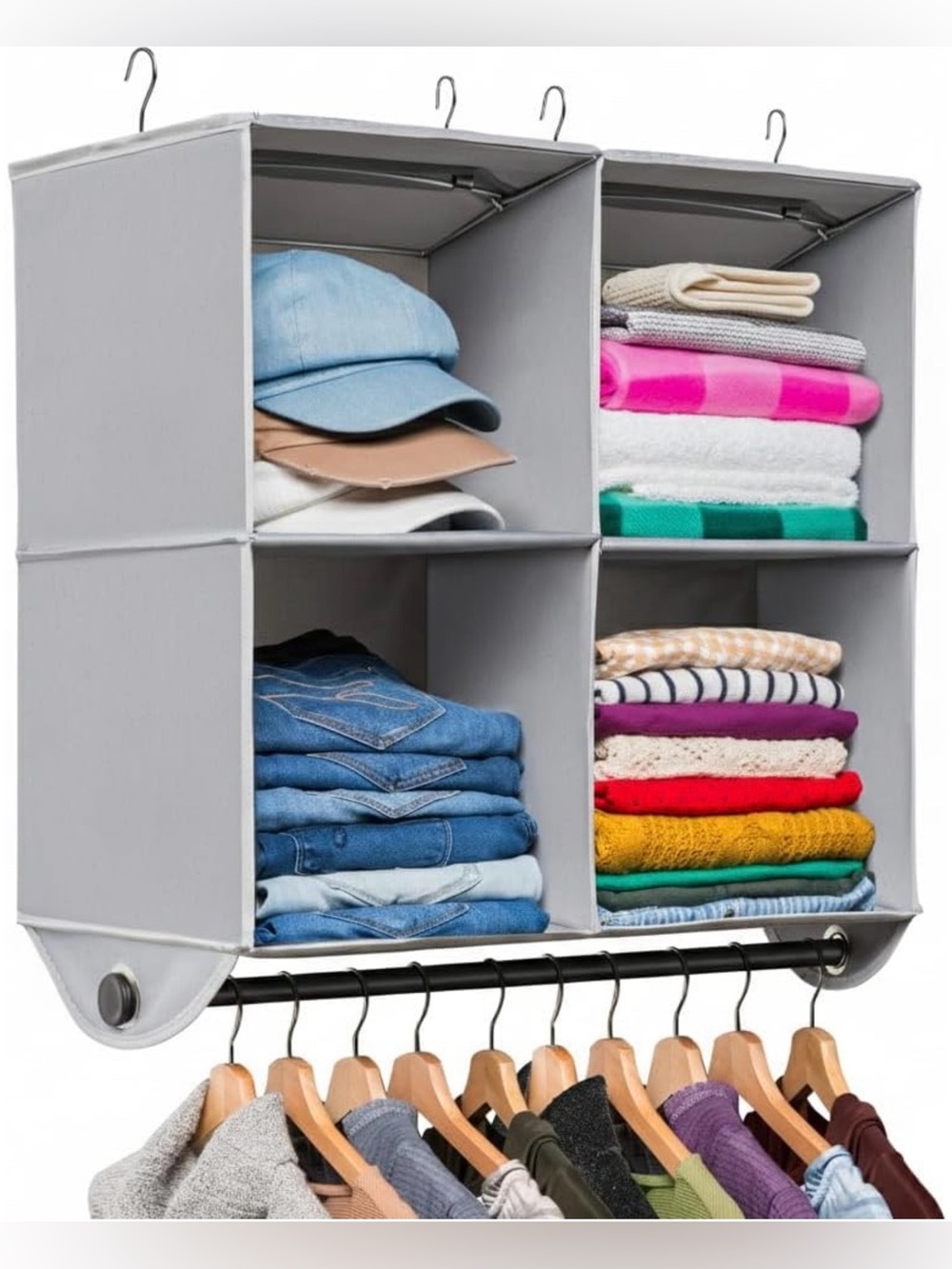 HOLDN Storage Hanging Closet Organizer 4 Shelf Garment Rod Gray